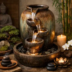 Create a calming oasis in your backyard with this beautiful waterfall fountain