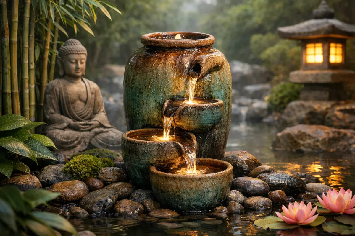 Serene Ceramic Waterfall Jar Zen Fountain Decor