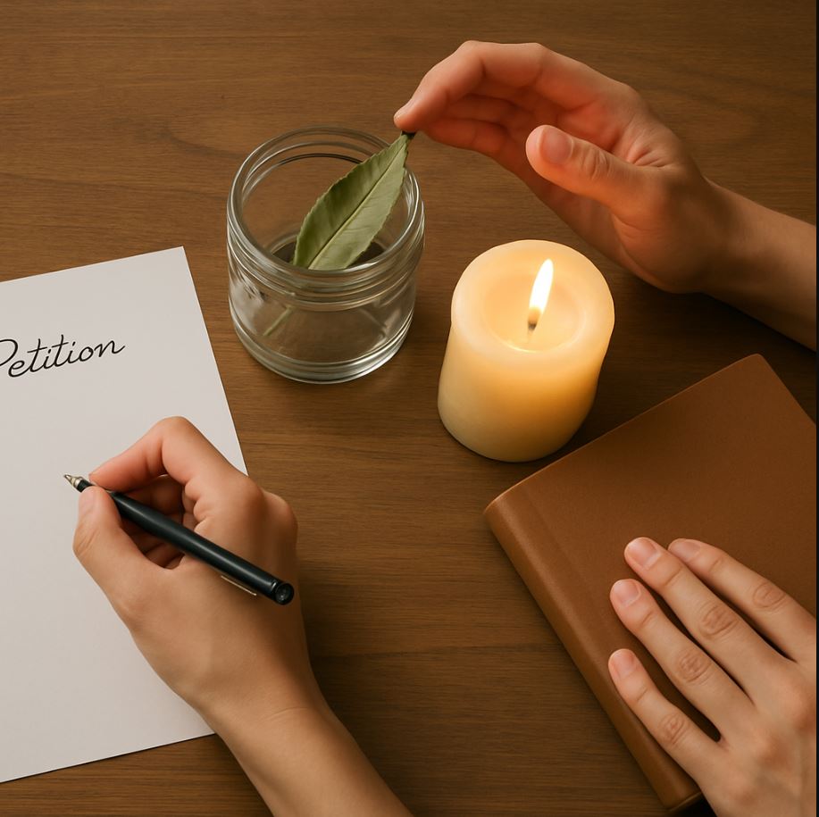 Hands writing a petition on plain paper; placing a bay leaf in a jar; lighting (or clapping near) a candle; closing notebook.