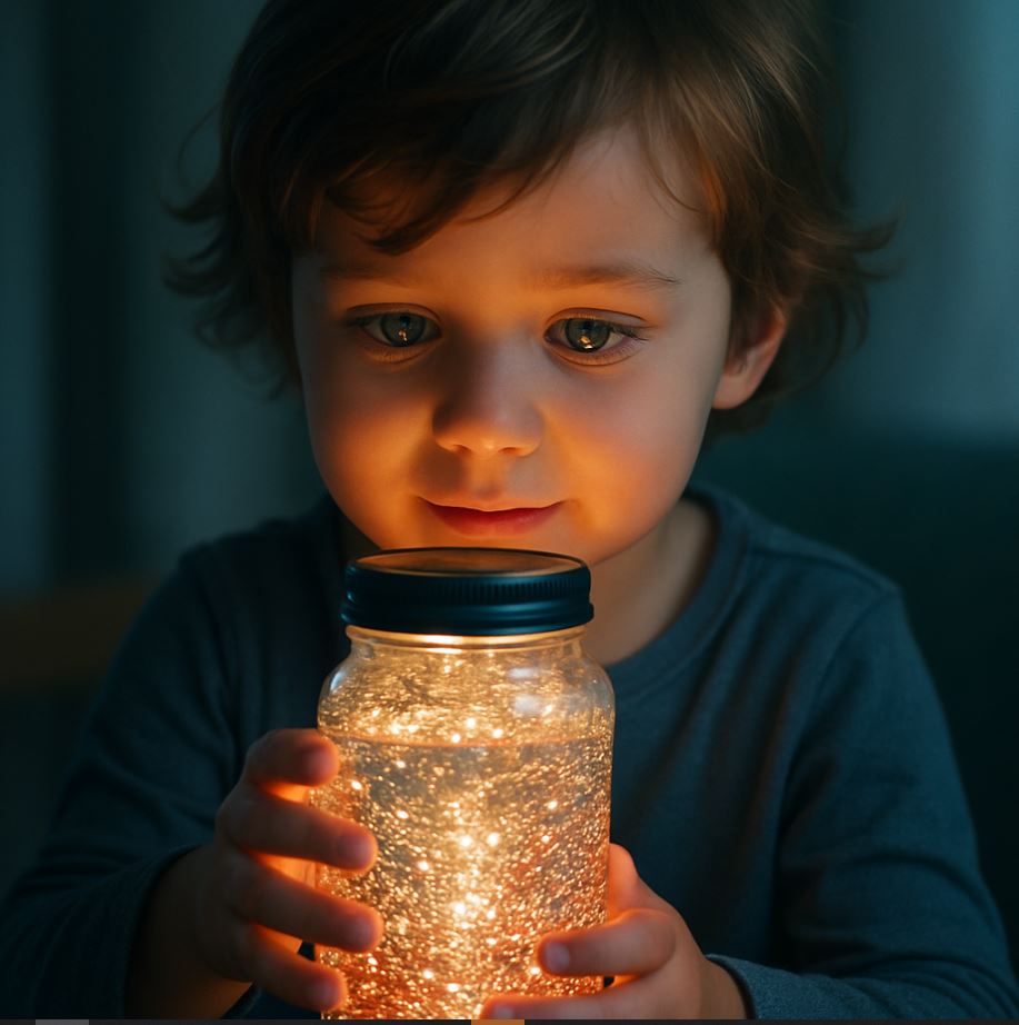 child holding a glitter calm jar used in safe magic spells for kids