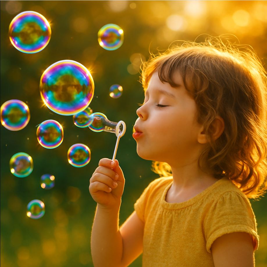 child blowing rainbow soap bubbles for a fun magic spell for kids