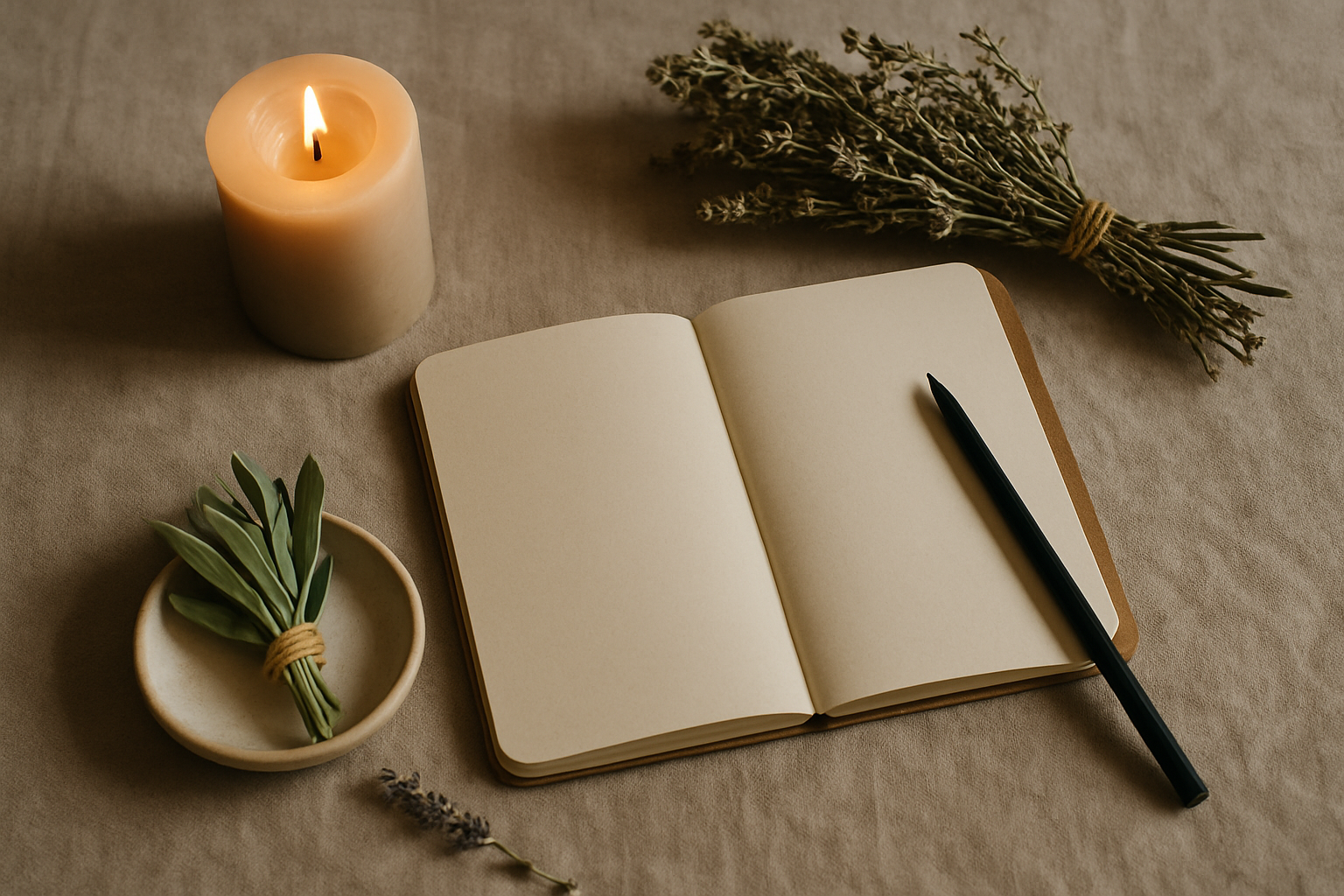 Beginner witchcraft workspace with candle, notebook, and herbs arranged simply on a table