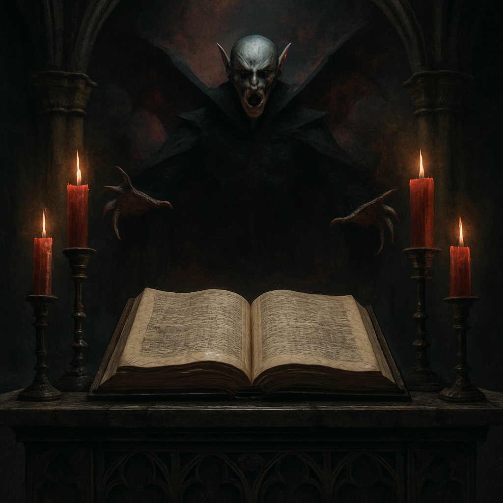 Spellbook open on gothic altar during vampire invocation