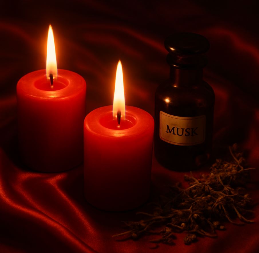 Close-up of two red candles on red satin cloth with musk oil bottle and dried herbs, soft warm light, sensual but tasteful, witchcraft ritual scene