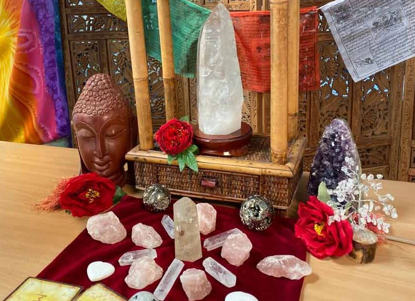 healing spells with crystals on a magical altar