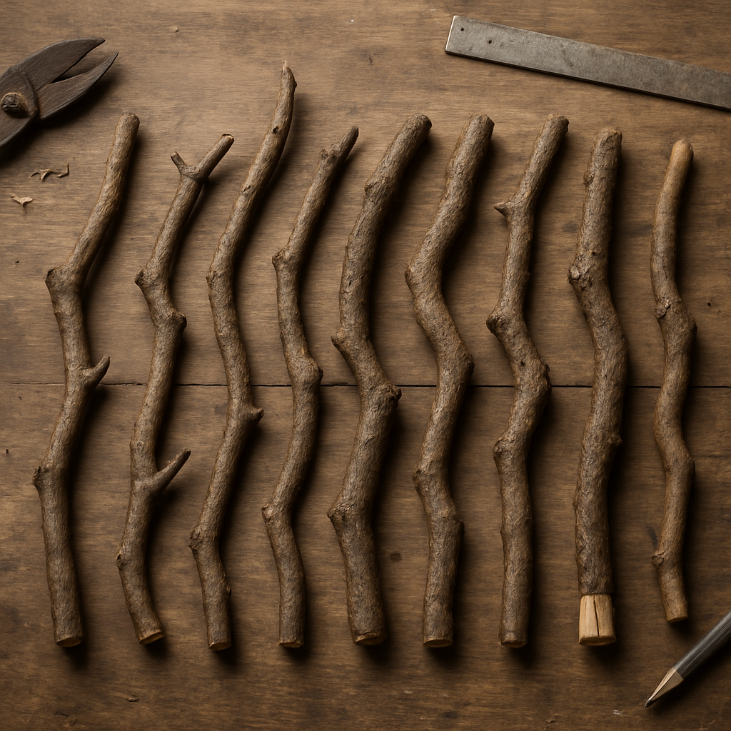 Fallen branches suitable for wand crafting laid out on a workbench