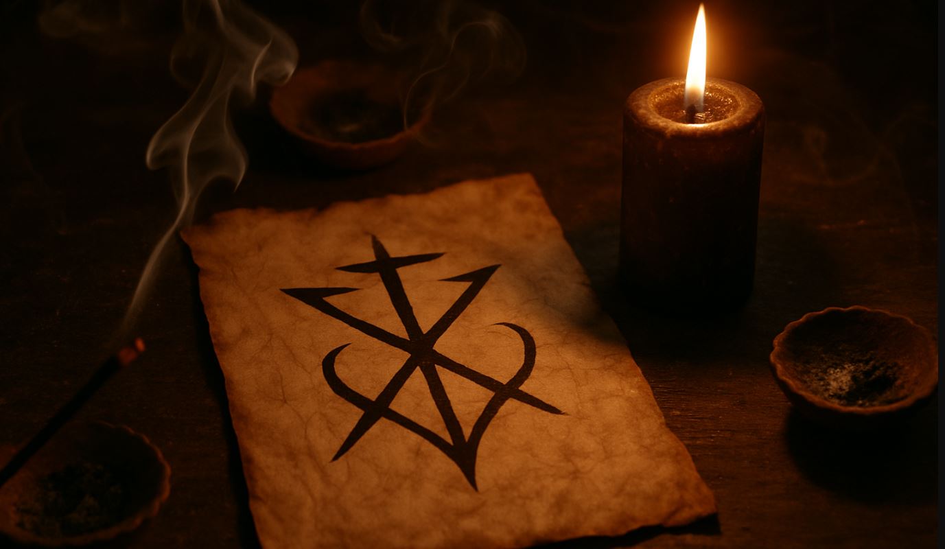 A parchment with a bold sigil drawn in black ink, surrounded by burning incense and a black candle, warlock command spell atmosphere.