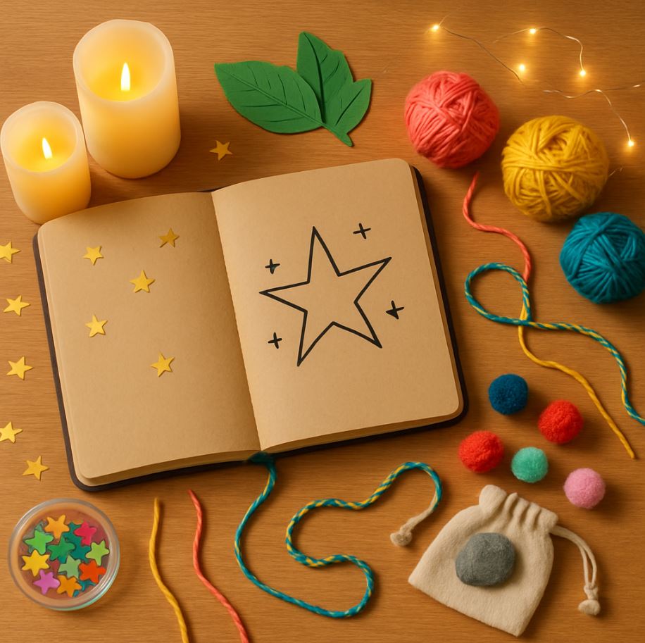 kids’ magic starter kit with LED candles, crystals, and craft supplies