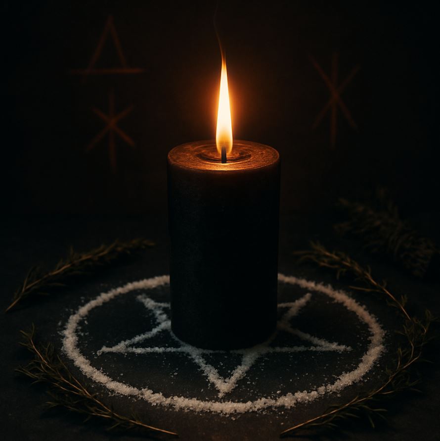 Black candle banishing ritual setup with salt and herbs.