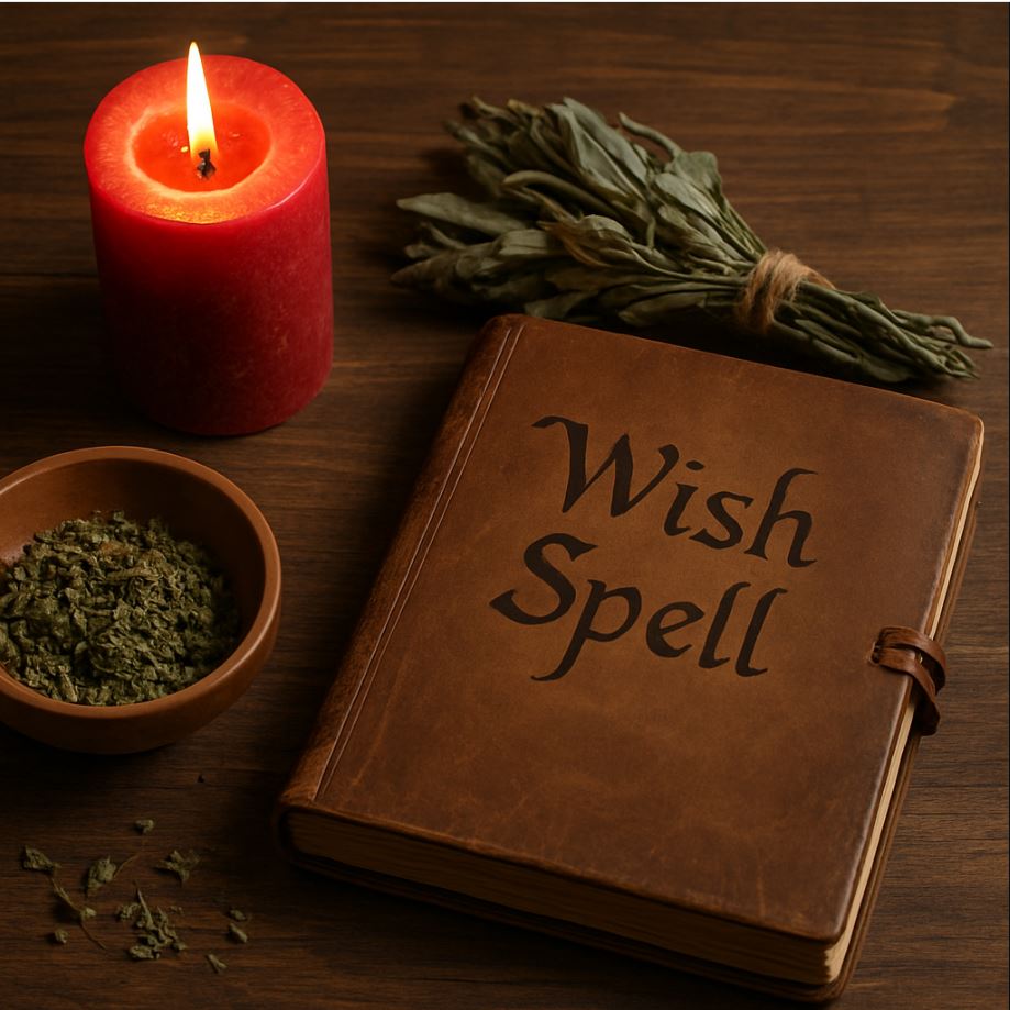Red candle, herbs and journal prepared for a wish spell ritual