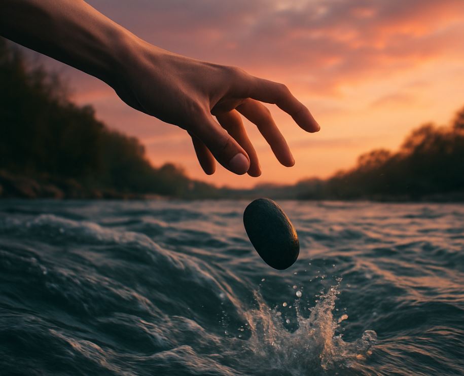 Symbolic object thrown into flowing water for banishing ritual.
