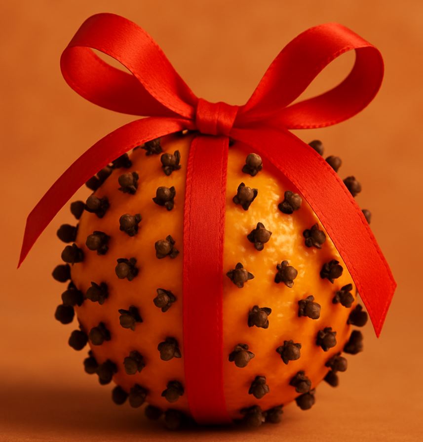 Orange studded with cloves and tied with a red ribbon for a wish spell