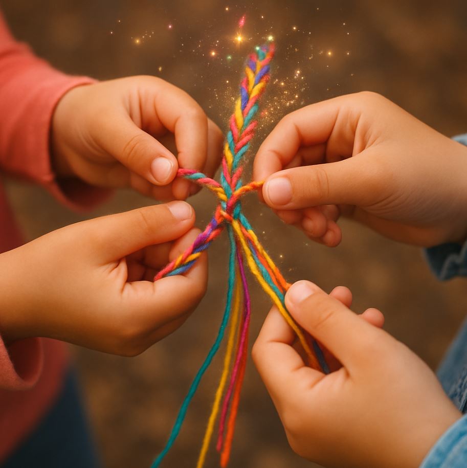 children making a friendship bracelet spell with colorful yarn