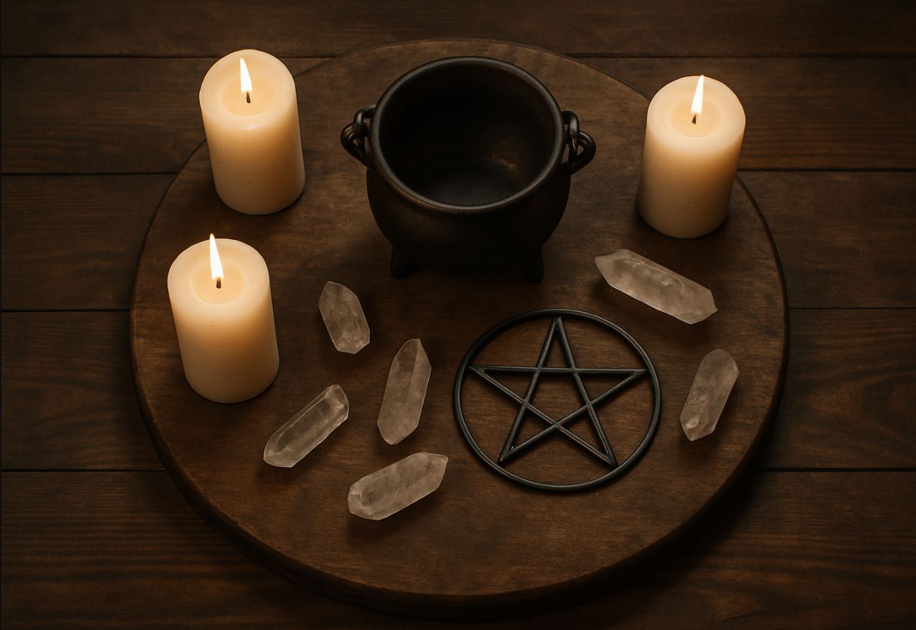 Overhead view of a circular altar on a wooden floor with three white candles, a small iron cauldron, quartz crystals and a simple pentacle, masculine witchy aesthetic.
