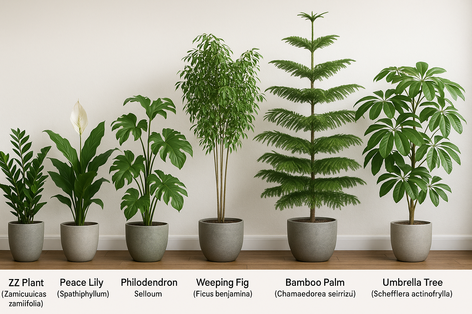 ZZ Plant (Zamioculcas zamiifolia) Peace Lily (Spathiphyllum) Philodendron Selloum Weeping Fig (Ficus benjamina) Bamboo Palm (Chamaedorea seifrizii) Norfolk Island Pine (Araucaria heterophylla) Umbrella Tree (Schefflera actinophylla)