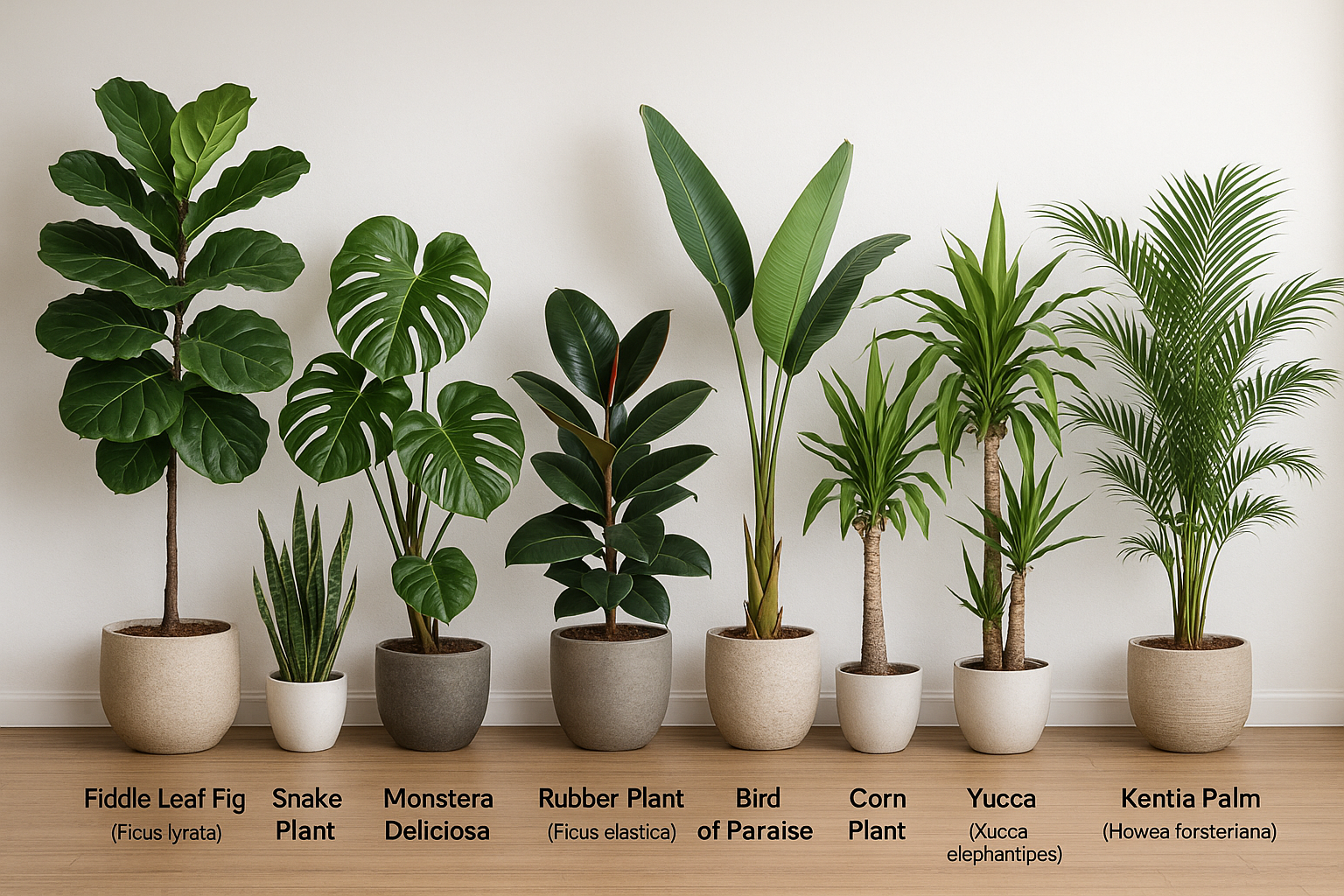 Fiddle Leaf Fig (Ficus lyrata) Snake Plant (Sansevieria trifasciata) Monstera Deliciosa Rubber Plant (Ficus elastica) Bird of Paradise (Strelitzia reginae) Corn Plant (Dracaena fragrans) Yucca (Yucca elephantipes) Kentia Palm (Howea forsteriana)