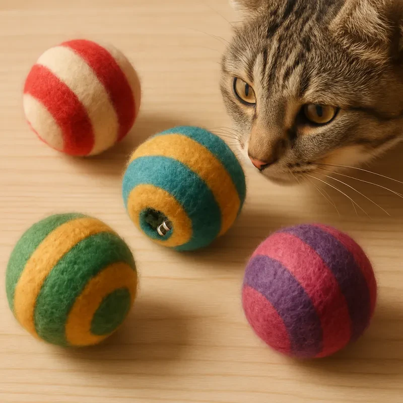 Add some playful charm to your cat's playtime with these colorful, jingling balls