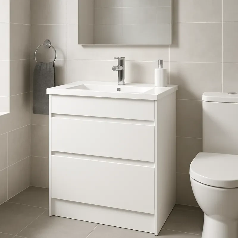 Bring a touch of elegance to your bathroom with this chic white vanity that offers practical storage solutions