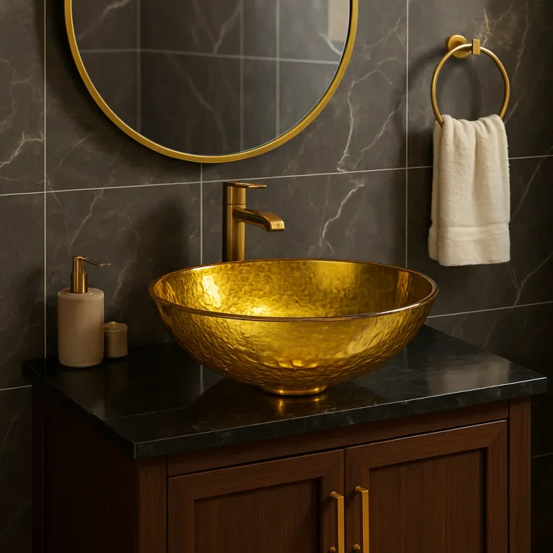 Transform your space with a beautiful gold glass sink that adds elegance and style