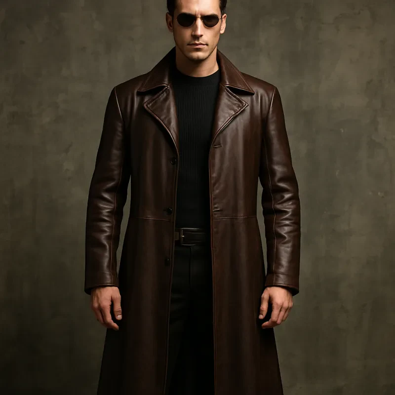 Step into a bold look with this iconic long leather coat designed for the modern man