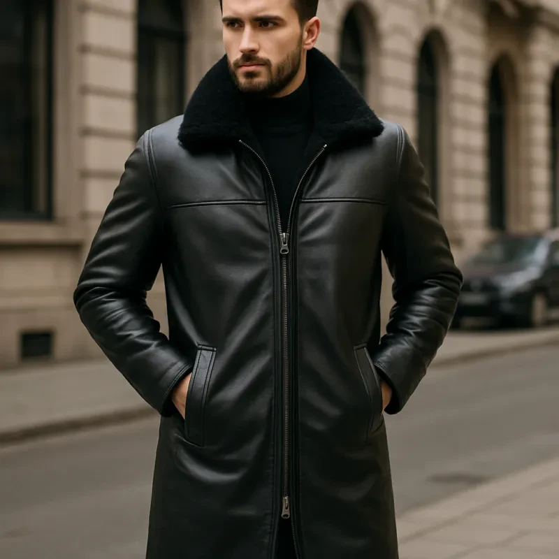 Stay warm and sharp this winter in a sleek black leather jacket designed just for men