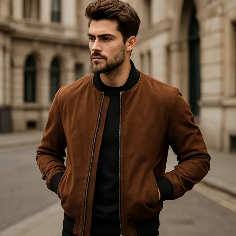 Discover the ultimate blend of comfort and fashion in this eye-catching brown bomber jacket