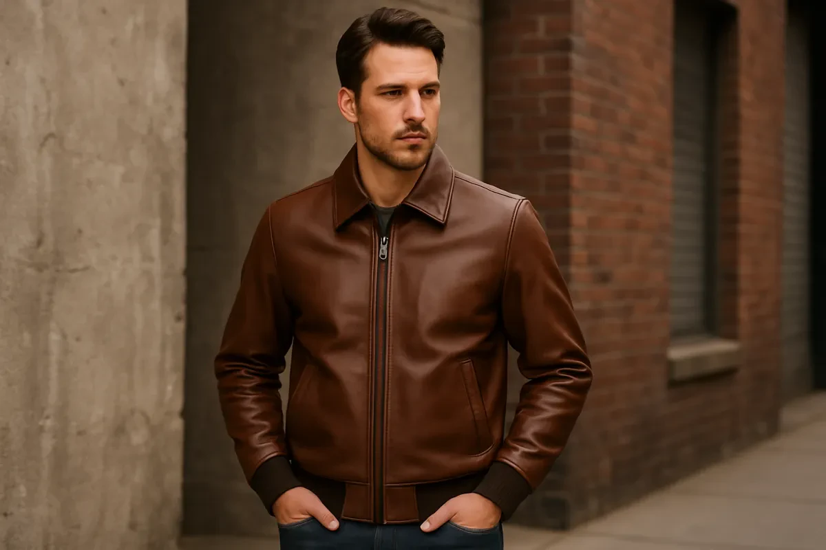 Buy Men’s Leather Bomber Jacket with Collar – Genuine Leather, Everyday Style