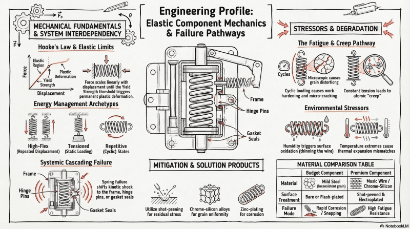 How elastic components store mechanical energy and why repeated stress, corrosion, and fatigue cause springs to weaken or break.
