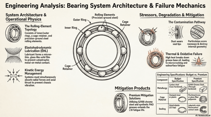 How bearings reduce friction in rotating machines and why contamination, wear, and lubrication loss lead to failure.