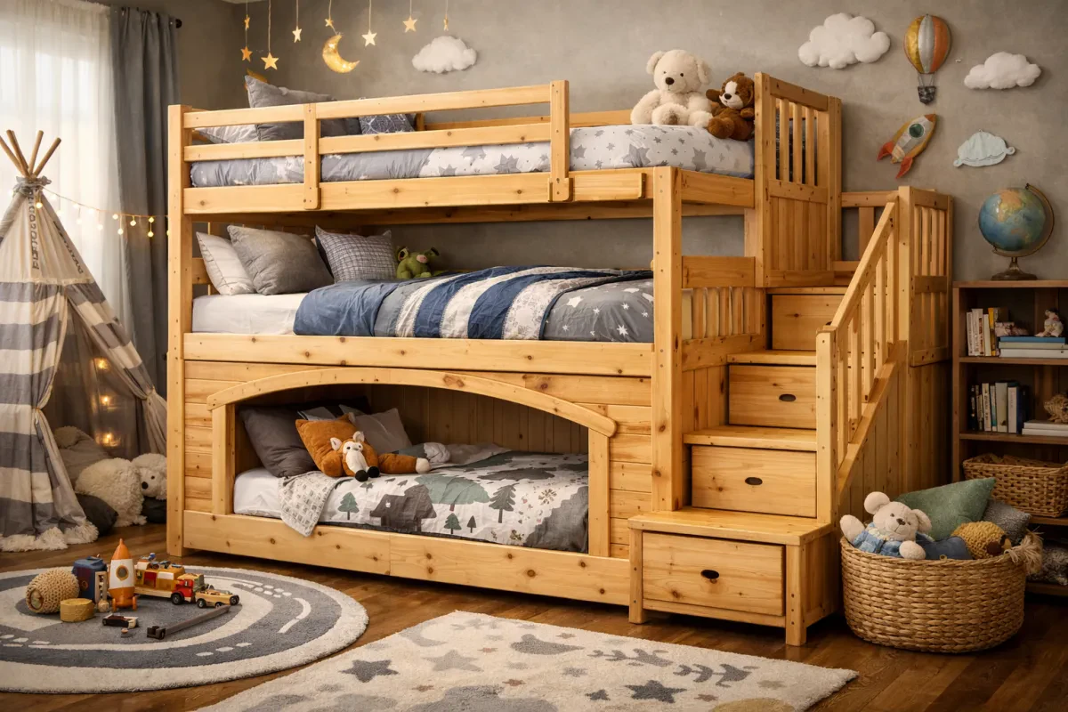 Customizable Wooden Triple Bunk Beds For Kids