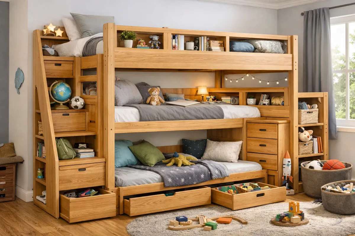 Smart Storage in Modern Wooden Triple Bunk Beds