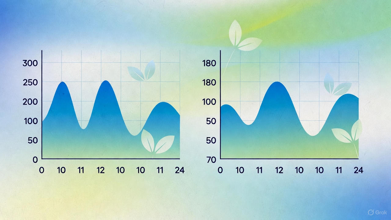 Vergleich: schwankender vs. stabiler Blutzuckerspiegel über 24 Stunden – Visualisierung hormonller Schwankungen