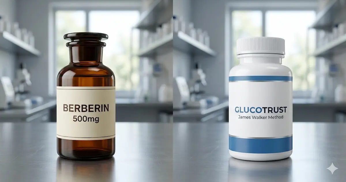 Direkter Vergleich 2026: Berberin-Pulver vs. GlucoTrust-Kapseln auf einer grafischen Waage &ndash; neutrale Gegen&uuml;berstellung der beiden Supplemente zur Stoffwechselunterst&uuml;tzung.