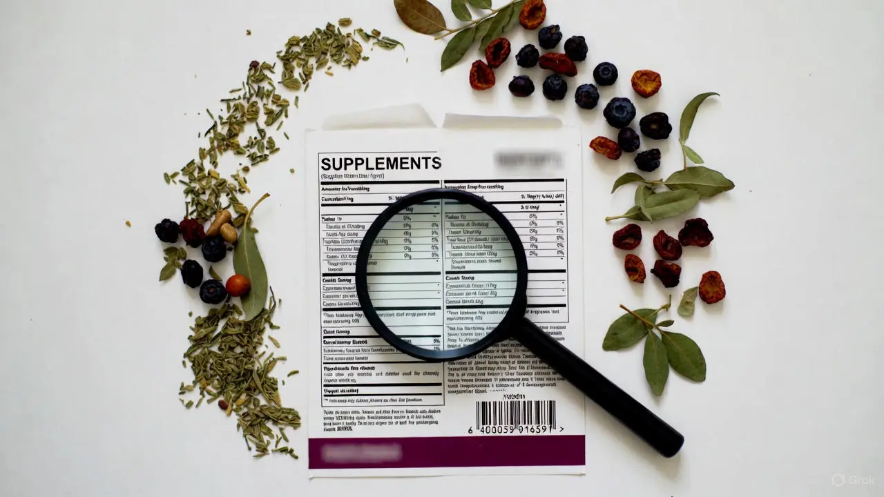 Detaillierte Pr&uuml;fung der Inhaltsstoffe von Supplementen mit einer Lupe zur Verbraucherinformation.