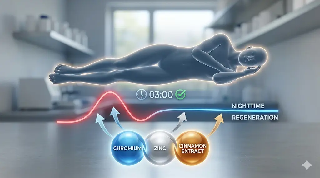 Die GlucoTrust-Kapsel umgeben von nat&uuml;rlichen Inhaltsstoffen wie Zimt und Gymnema Sylvestre &ndash; Darstellung der synergetischen Formel f&uuml;r Stoffwechsel und Schlafqualit&auml;t.  3. Obrazek do por&oacute;wnania "Berberin vs GlucoTrust" (Finał / 2026)