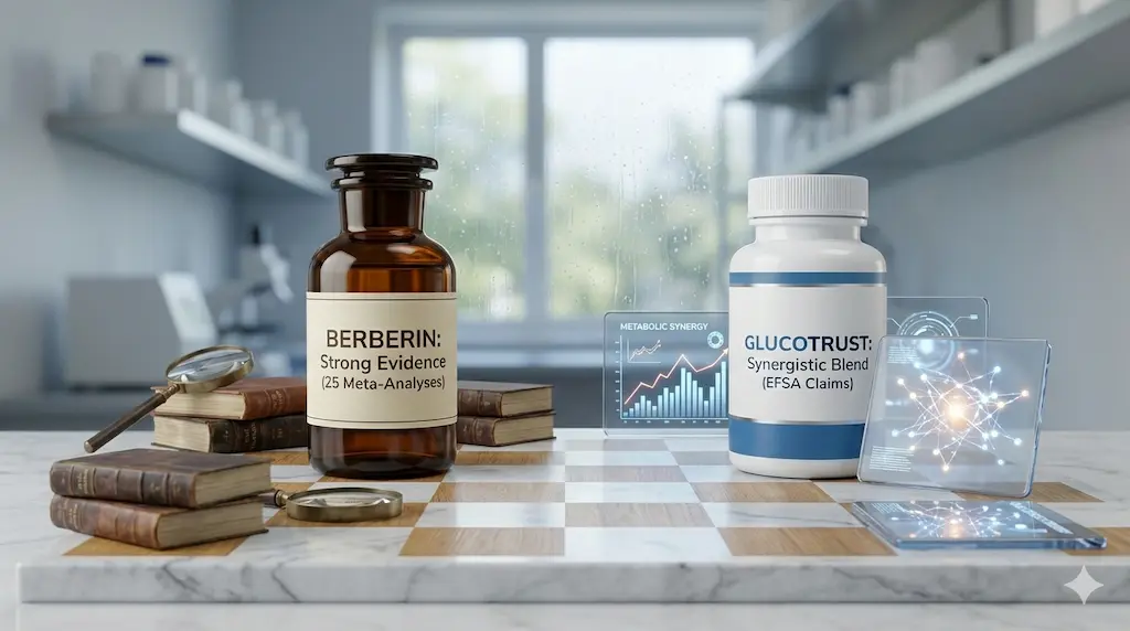 Nahaufnahme von Berberitzen-Fr&uuml;chten und die chemische Struktur von Berberin auf blauem Hintergrund &ndash; Illustration der AMPK-Aktivierung f&uuml;r den Stoffwechsel.