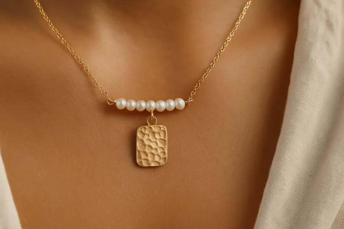 Dainty Pearl Bar Necklace with Unique Hammered Pendant Review