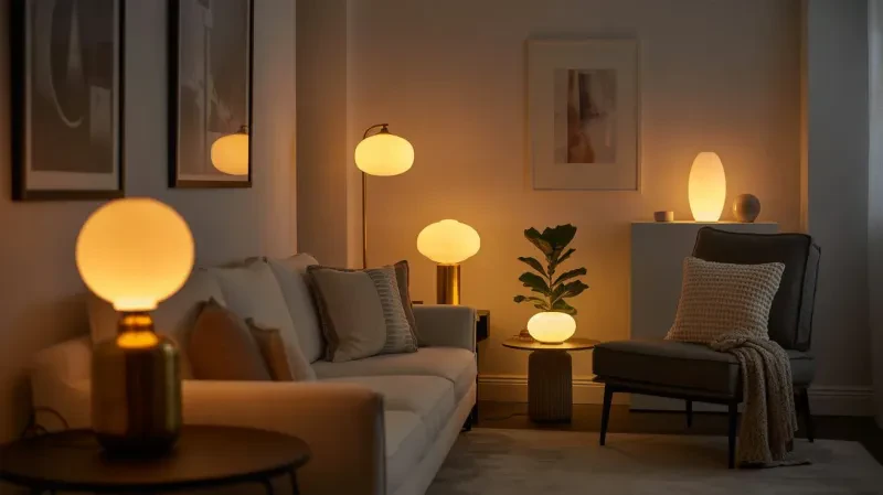 Brighten your space with chic lamps and warm tones for a cozy vibe