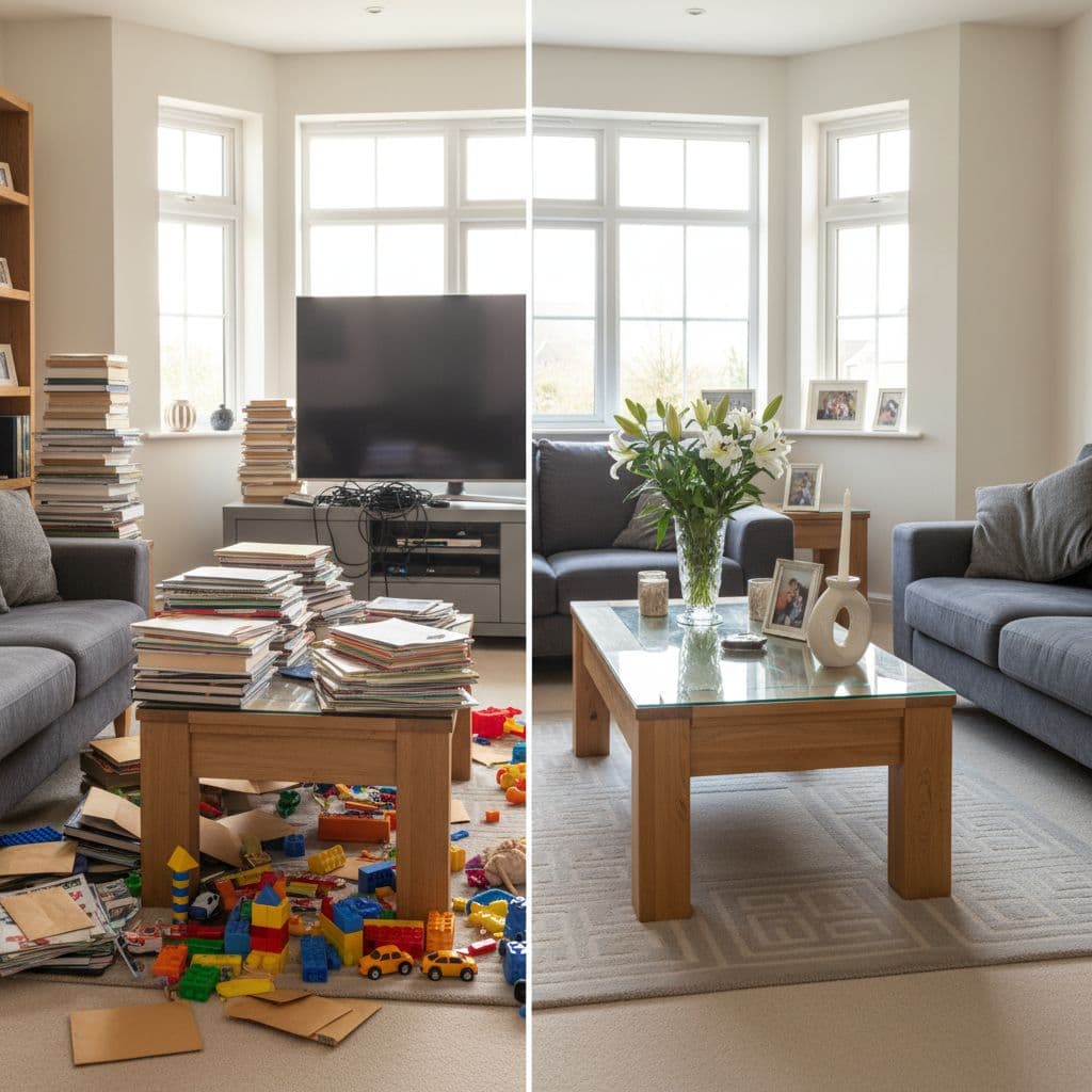 Cluttered room transformed into tidy space.