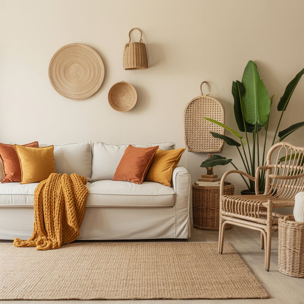 Airy boho living room with earthy color palette and layered textures