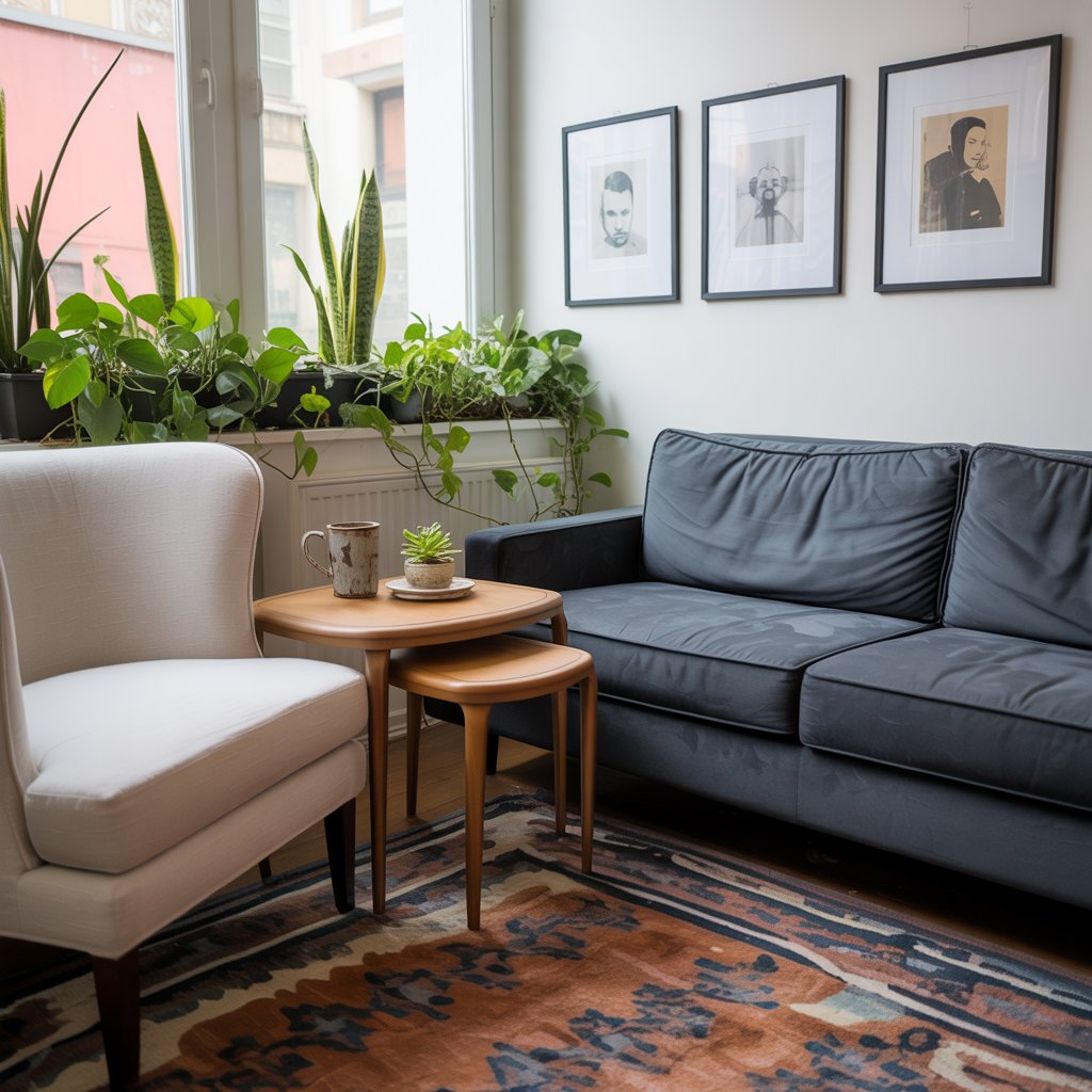 Small boho-inspired living room with slim furniture, art, and plants