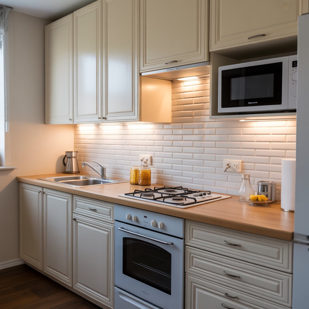 Small rental kitchen with white cabinets and a narrow peel and stick backsplash behind the counter peel and stick kitchen backsplash alternatives