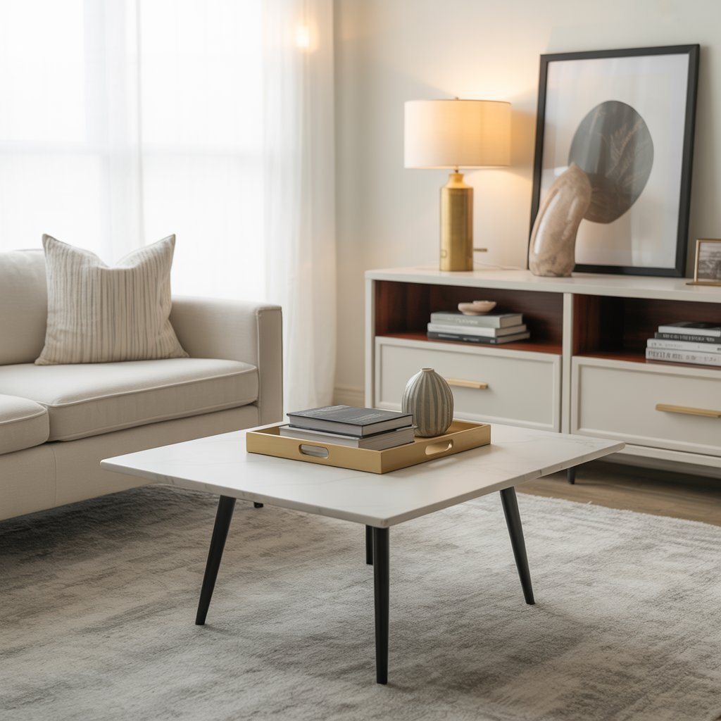 Minimal coffee table and console styling in a coastal farmhouse living room blend modern farmhouse and coastal decor