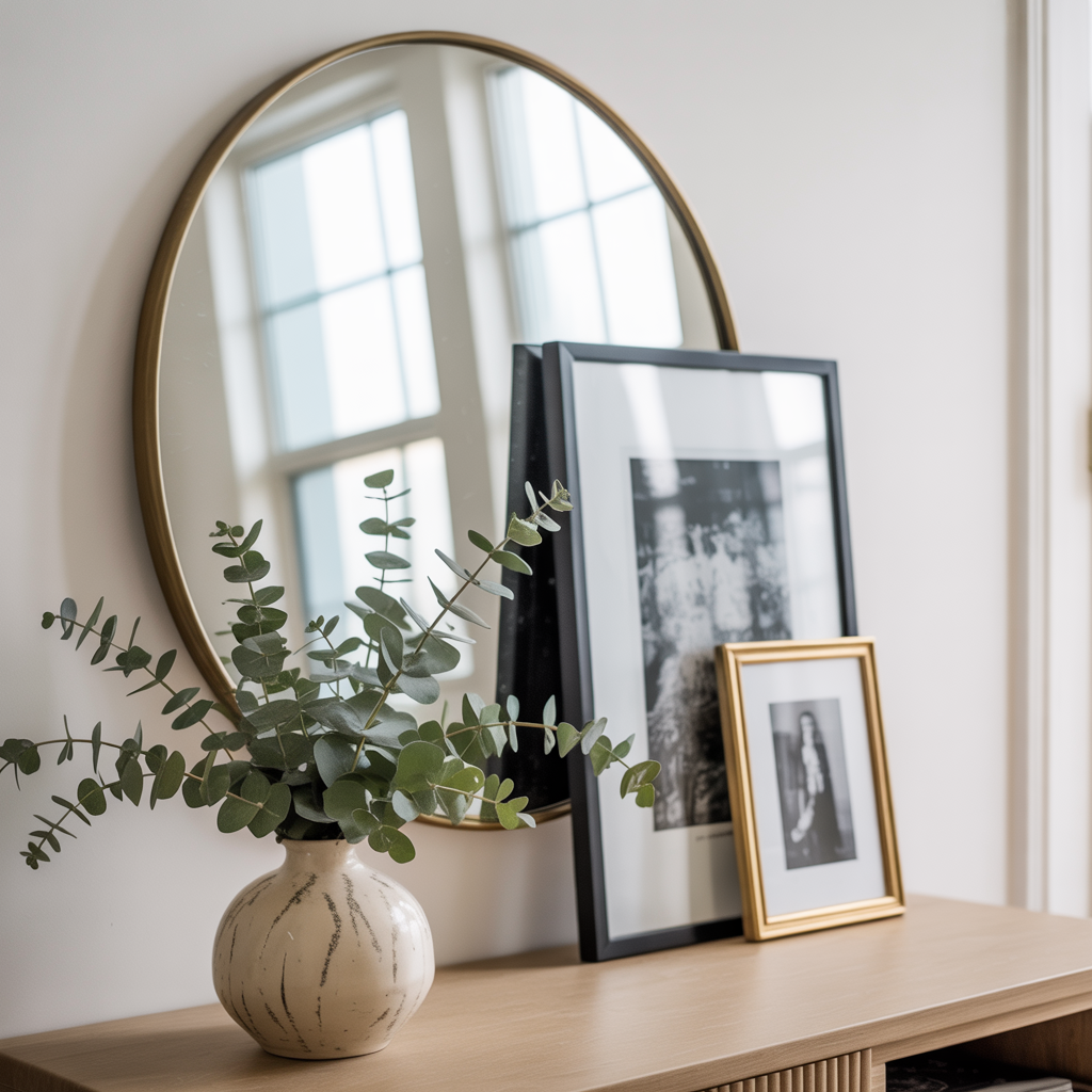An entry table with a round mirror leaning against the wall, a taller art print layered behind a smaller framed photo, and a small vase of greenery in front.