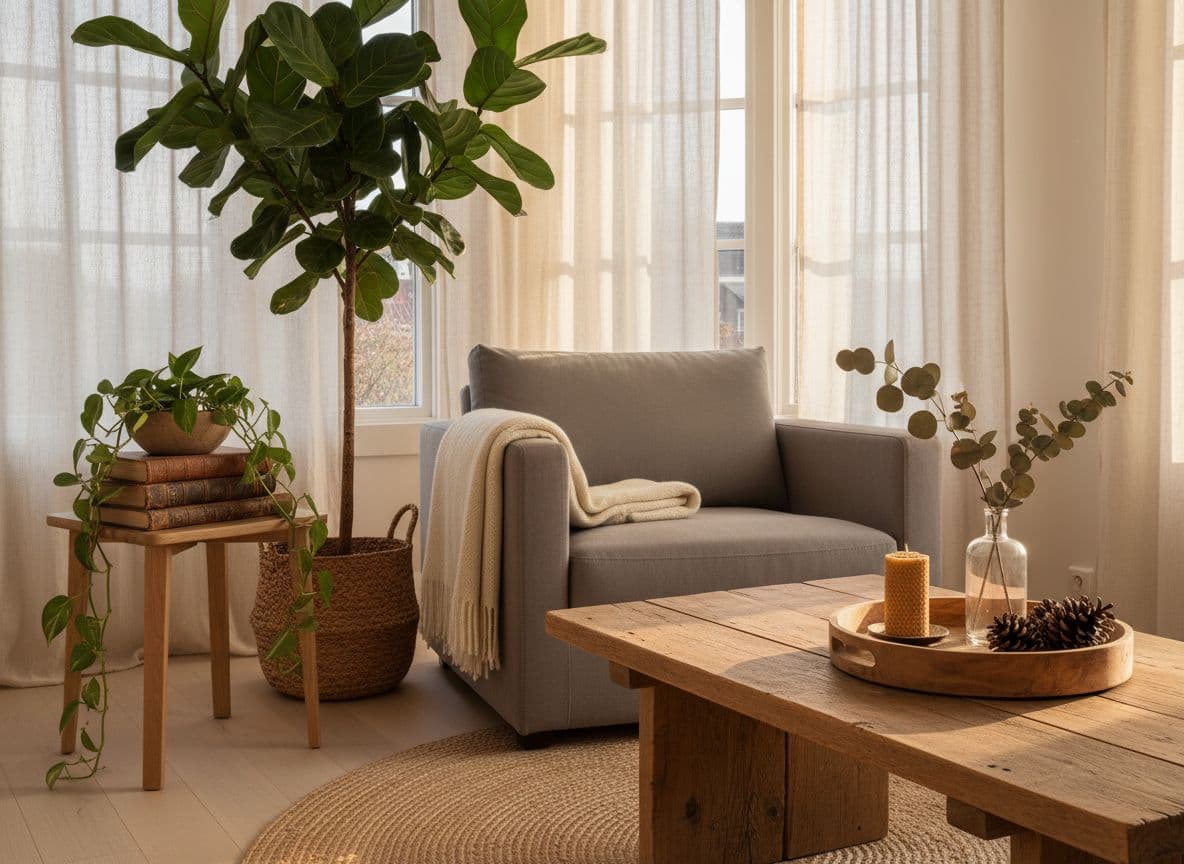 A serene, nature-inspired corner of a modern Scandinavian living room bathed in golden afternoon sunlight, featuring lush fiddle-leaf fig and pothos plants alongside minimalist decor elements like a wooden coffee table with beeswax candle and dried eucalyptus.