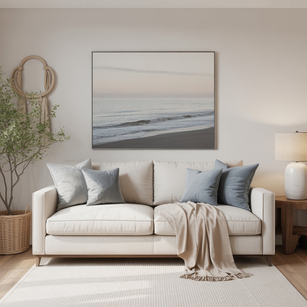 Neutral living room with soft blue pillows and sandy throw accents
