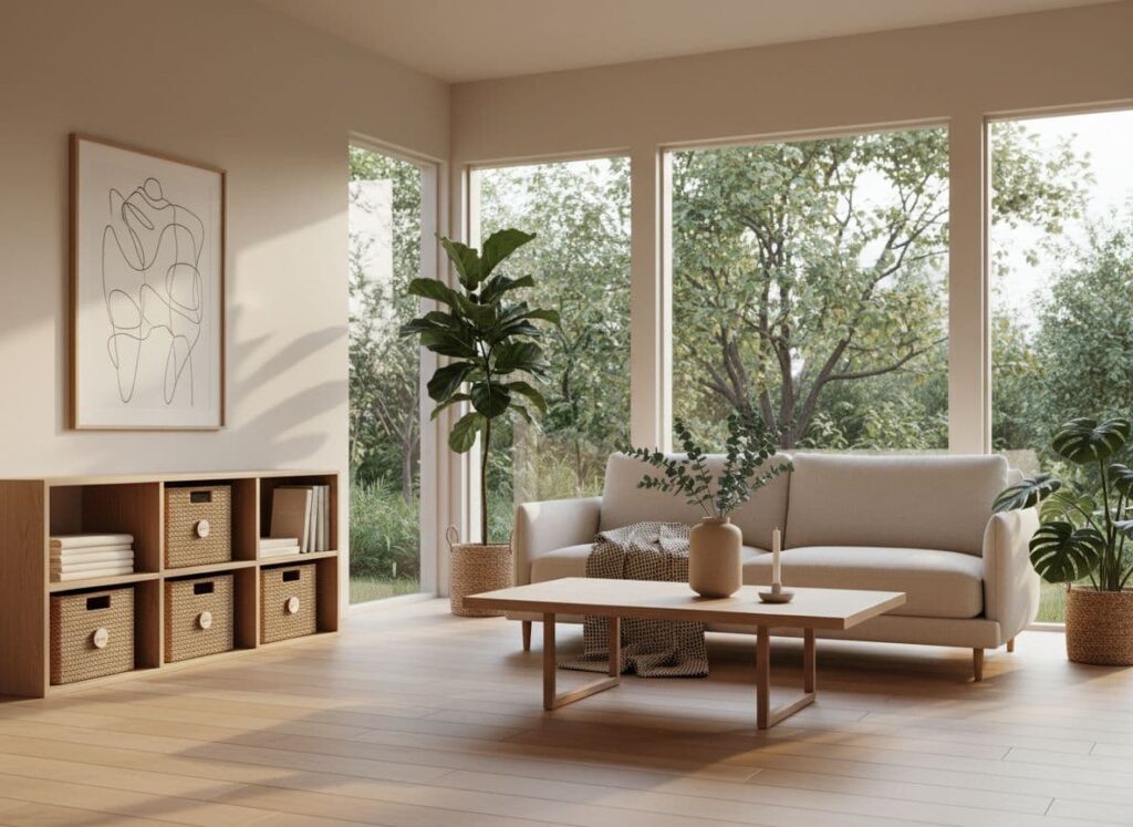 A photorealistic image of a serene, cozy minimalist living room in modern Scandinavian style, with clutter-free zones, wooden shelves, plants, and soft morning sunlight streaming through large windows.