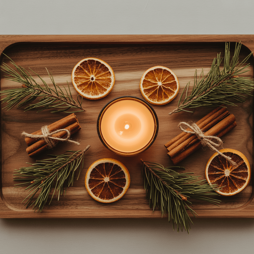 Winter home scents including candles, spices, and greenery