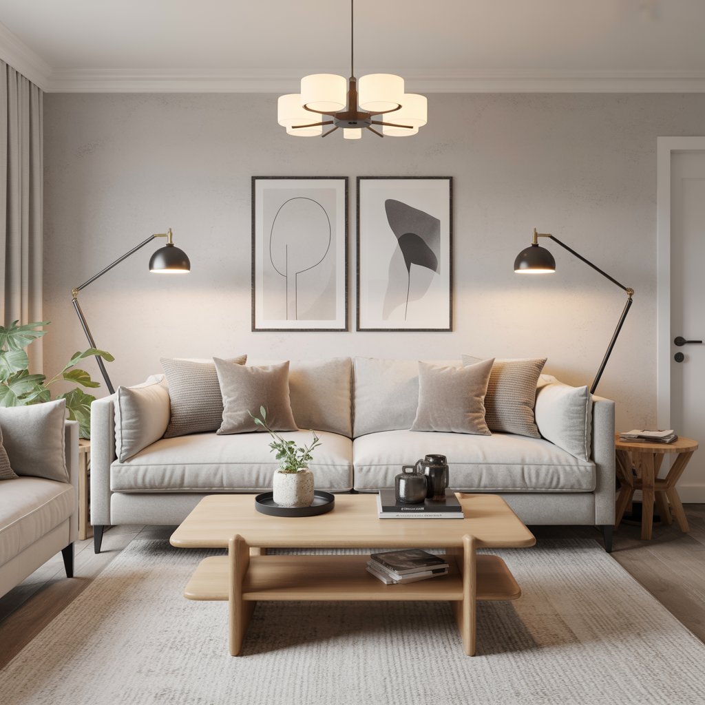 Modern farmhouse living room with greige sofa, light wood table, and black metal lamps