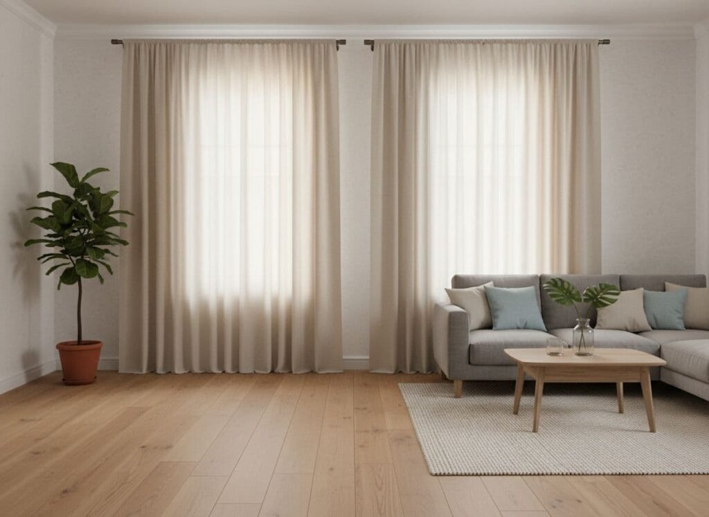 a cozy urban apartment living room featuring renter-friendly no-drill blackout curtains in light beige linen framing a floor-to-ceiling window, Hanging Curtains Without Damage: No-Drill Guide